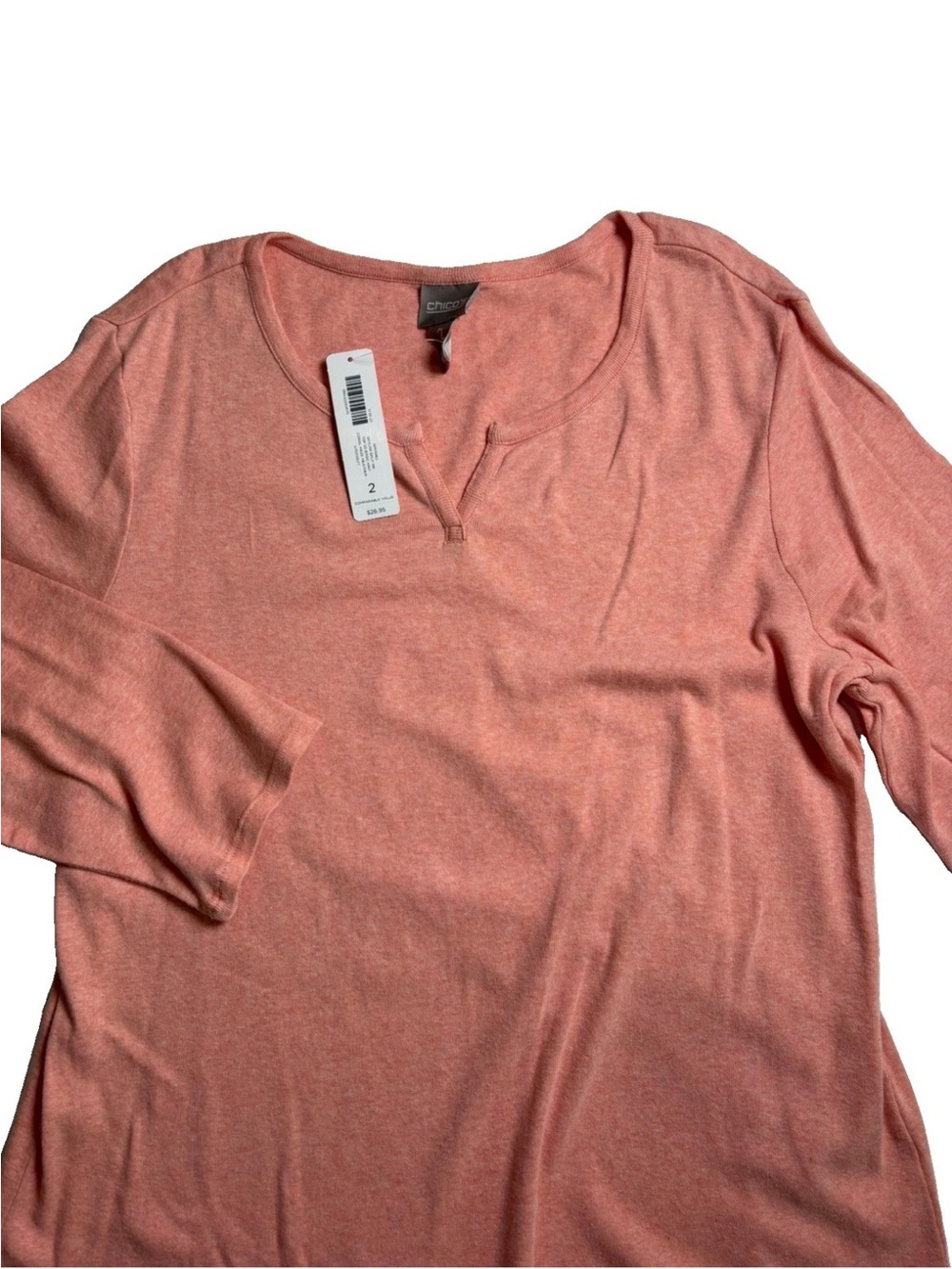 Chico's Skylar Split Neck Top Size 2 US Large Coral Haze Heather 3/4 Sleeve - Picture 3 of 10